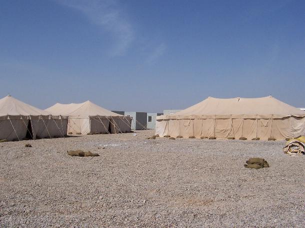 Photograph of tents in Iraq, taken by an American soldier of C Co, 1/252 Army Reserve Battalion. 
